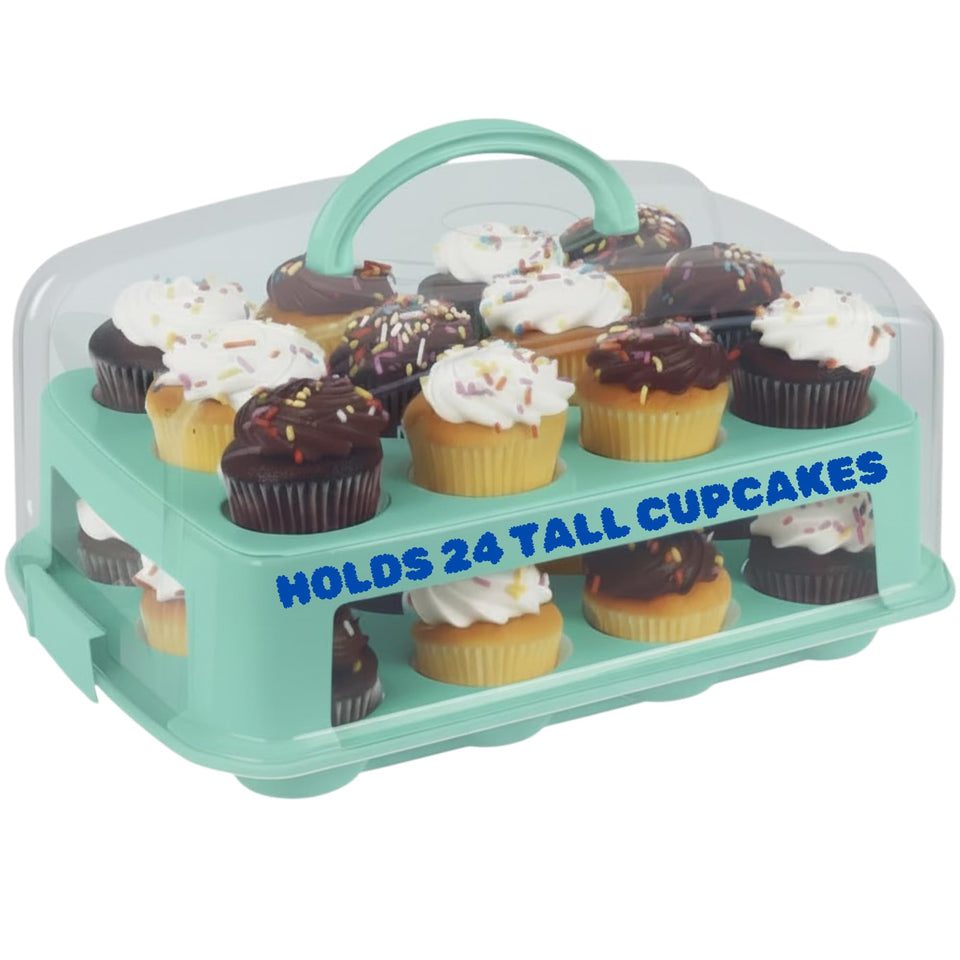 JOEY'Z extra tall cupcake carrier with lid protects 24 tall cupcakes during transport.
