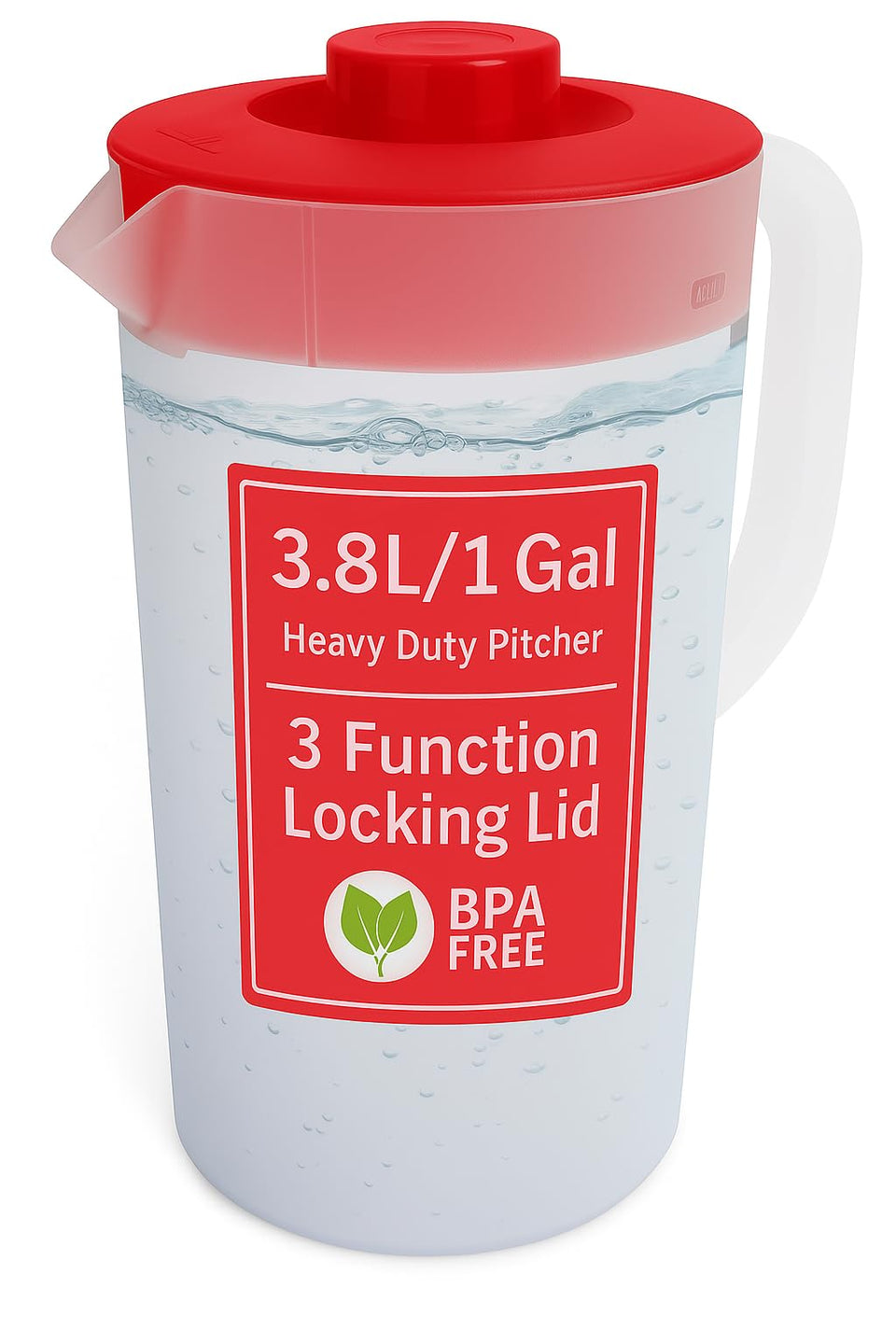 JOEY'Z water pitcher with red lid offers 1-gallon capacity for family servings.