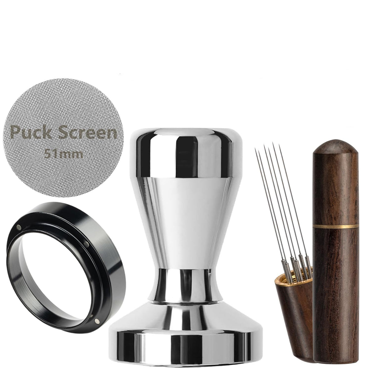 JOEZEST 51mm tamper set in stainless steel with ergonomic handle for even compression