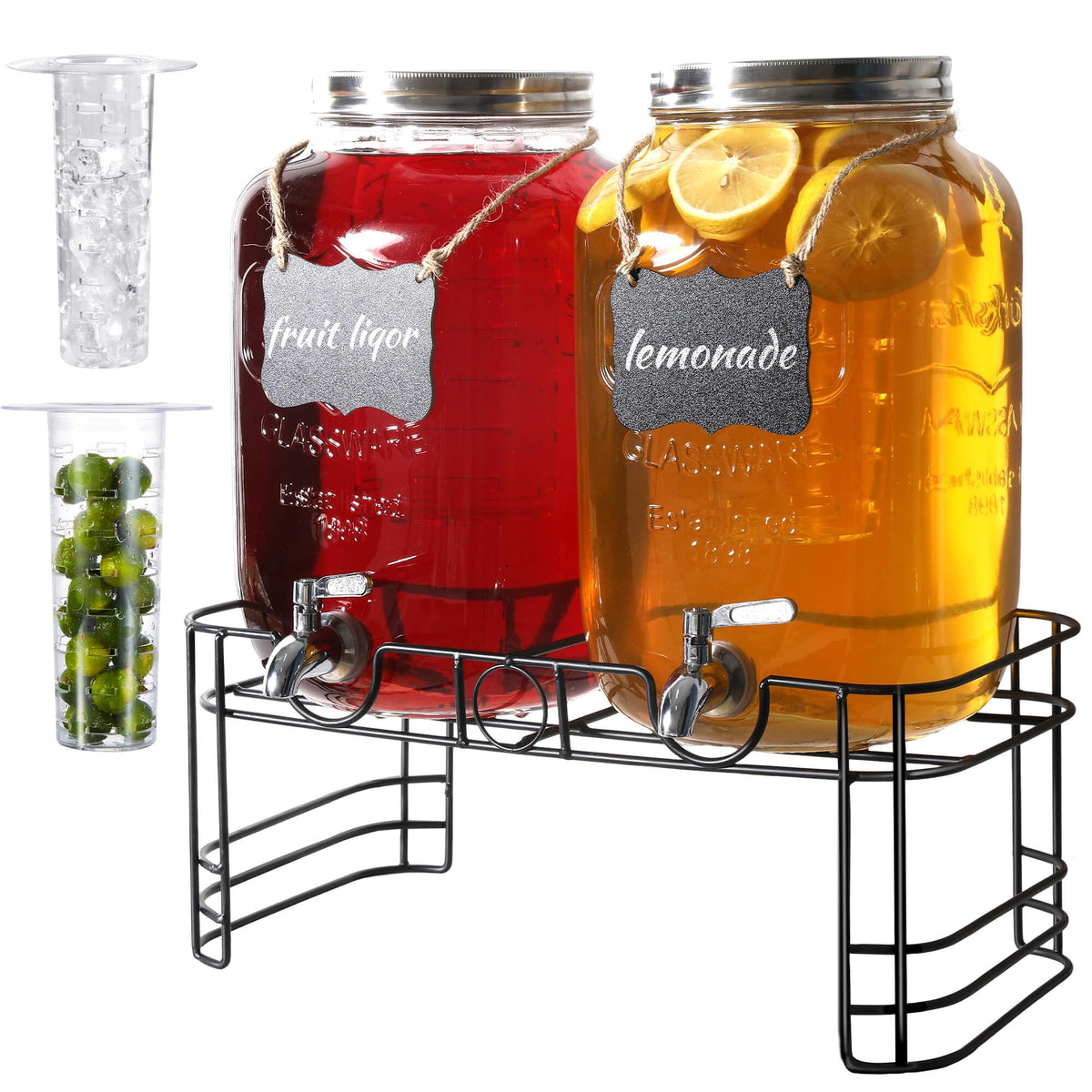 JOFUYU 2-gallon glass dispenser with stand for lemonade at weddings.