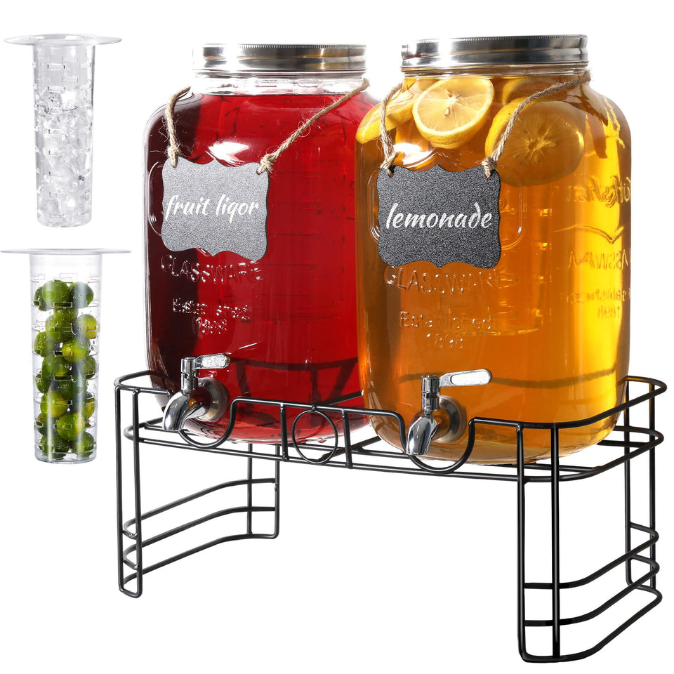 JOFUYU 2-gallon glass dispenser with stand for lemonade at weddings.