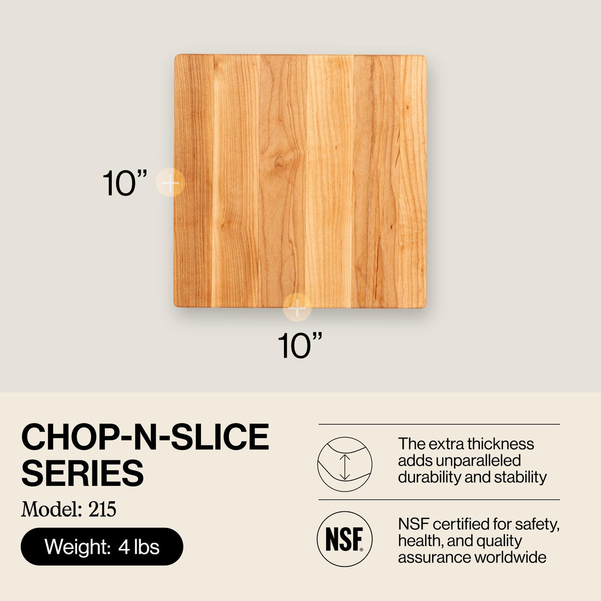 Close-up of John Boos Chop-N-Slice square maple cutting board showing edge-grain maple and smooth surface.