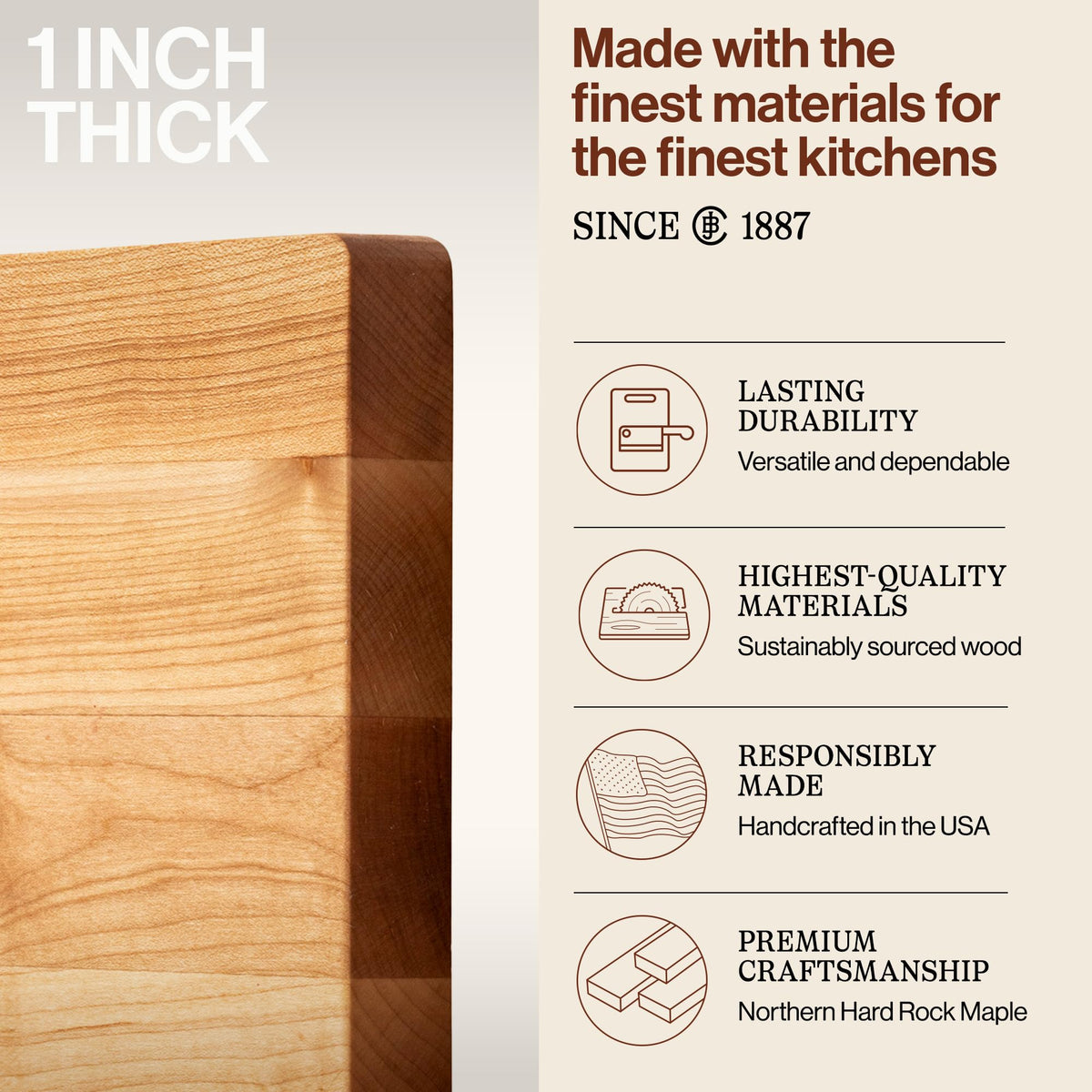 Reversible two-sided design on John Boos cutting board for versatile prep tasks.