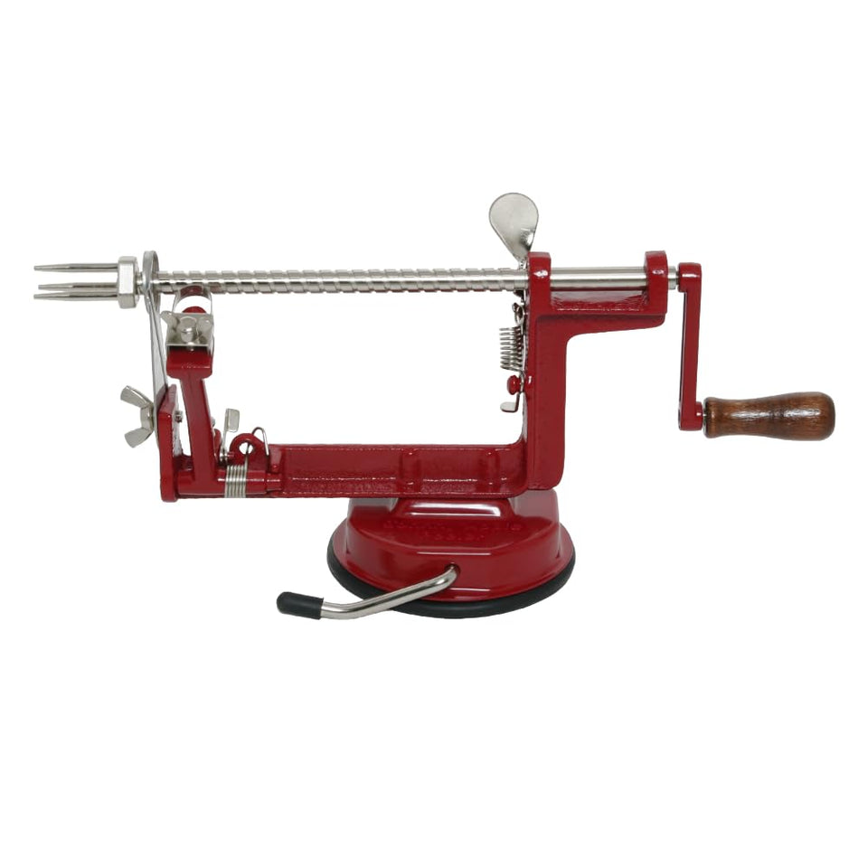 Johnny Apple Peeler in action peeling apples into even slices for pies