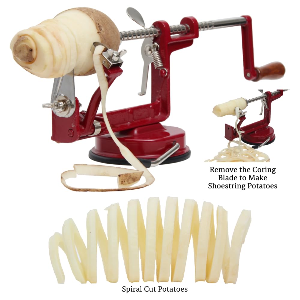 Johnny Apple Peeler showcases a durable cast iron body and stainless blades