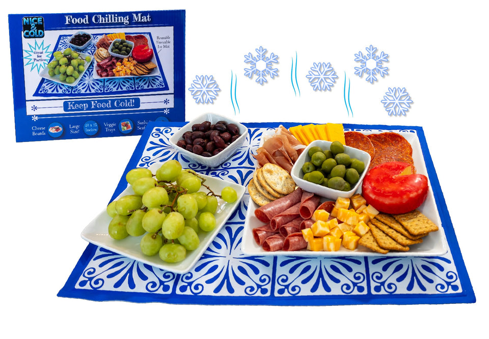Johnny World Nice and Cold ice mat under a cheese board keeping items fresh.