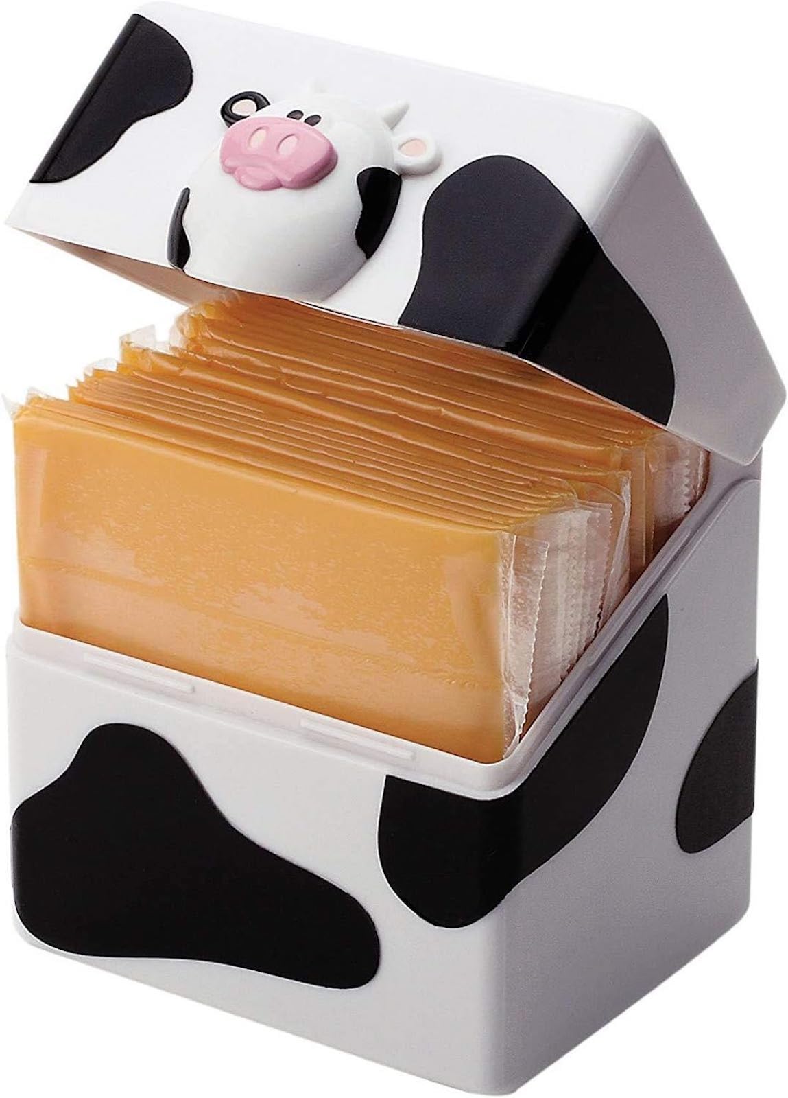 Joie Moo Moo sliced cheese storage container with flip top lid keeps cheese fresh and easy to grab
