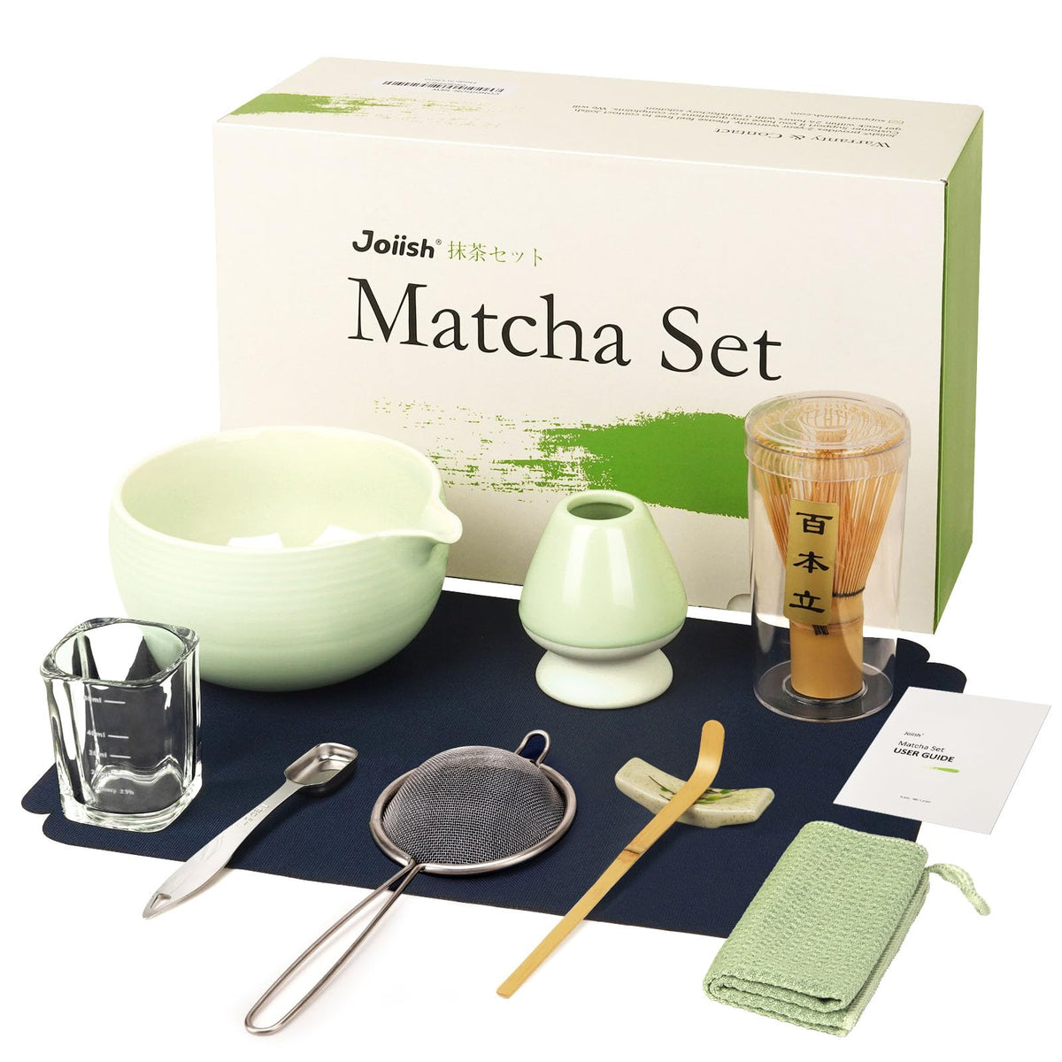 Joiish Matcha Whisk Set: 96-bristle bamboo whisk for silky froth.