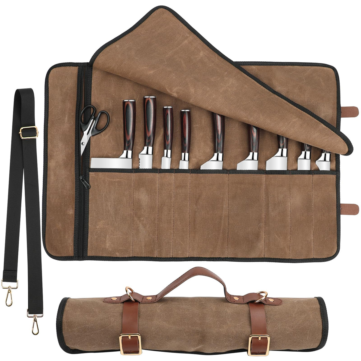 JOINDO Knife Roll with leather straps keeps blades secure during transport.