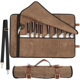 JOINDO Knife Roll with leather straps keeps blades secure during transport.