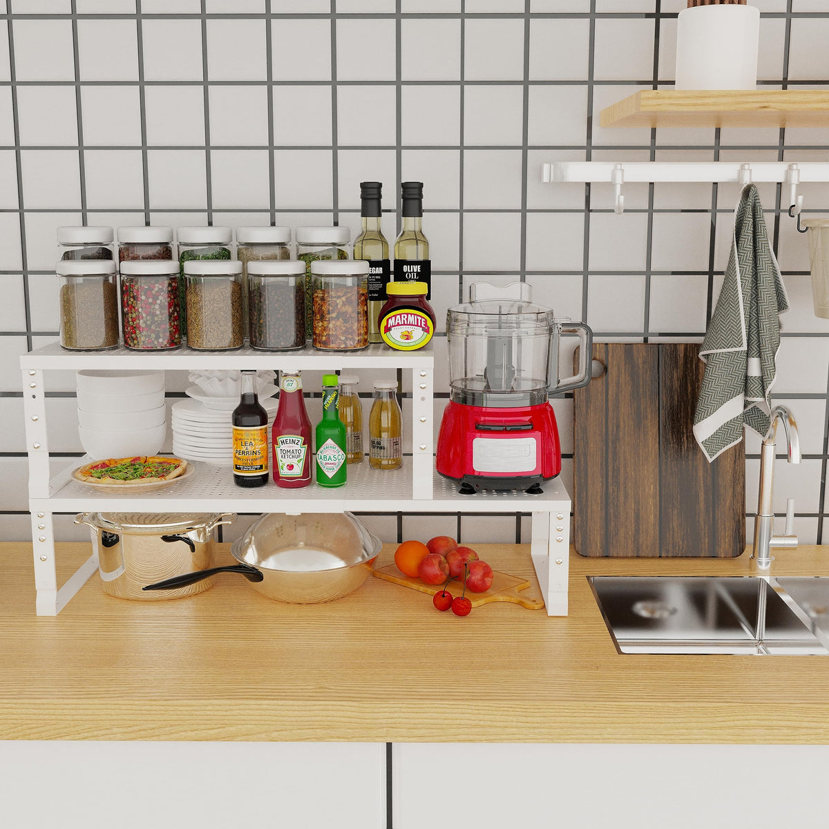 Jojocross stackable spice shelf ideal for rotating spices in a tidy cabinet.