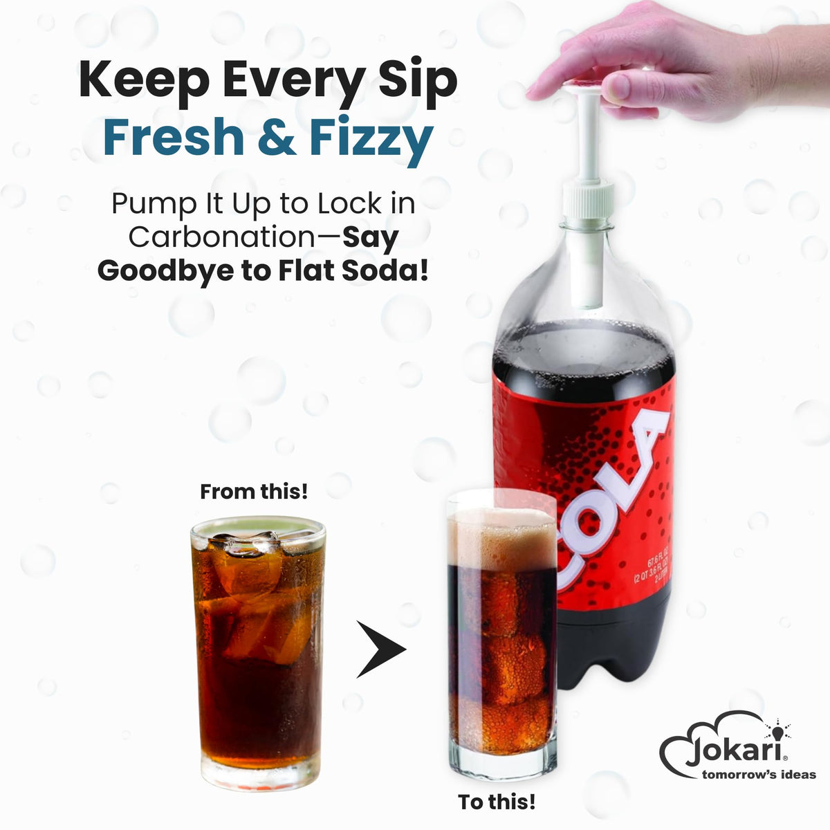 Jokari Fizz Keeper cap in use, pour a bubbly drink.