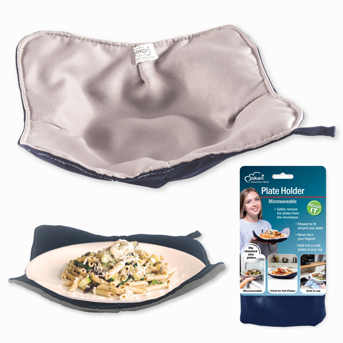 Jokari microwave plate cozy wrap cradles plates for safe hot-dish handling.