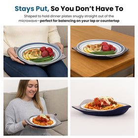 Jokari plate cozy acts as a lap protector during a hot meal.
