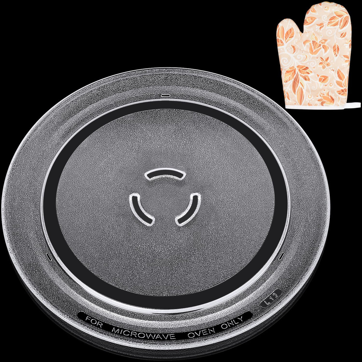 Jolaxy 12-inch turntable plate closeup shows clear glass and sturdy construction for safe microwaving.