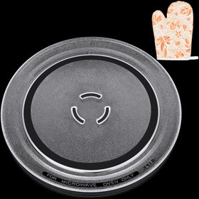 Jolaxy 12-inch turntable plate closeup shows clear glass and sturdy construction for safe microwaving.