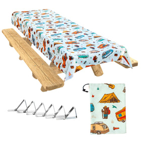 Jolly Camper tablecloth on outdoor wood table for family picnics and gatherings.