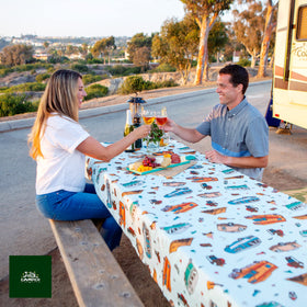 Jolly Camper easy-clean tablecloth handles spills with a quick wipe.