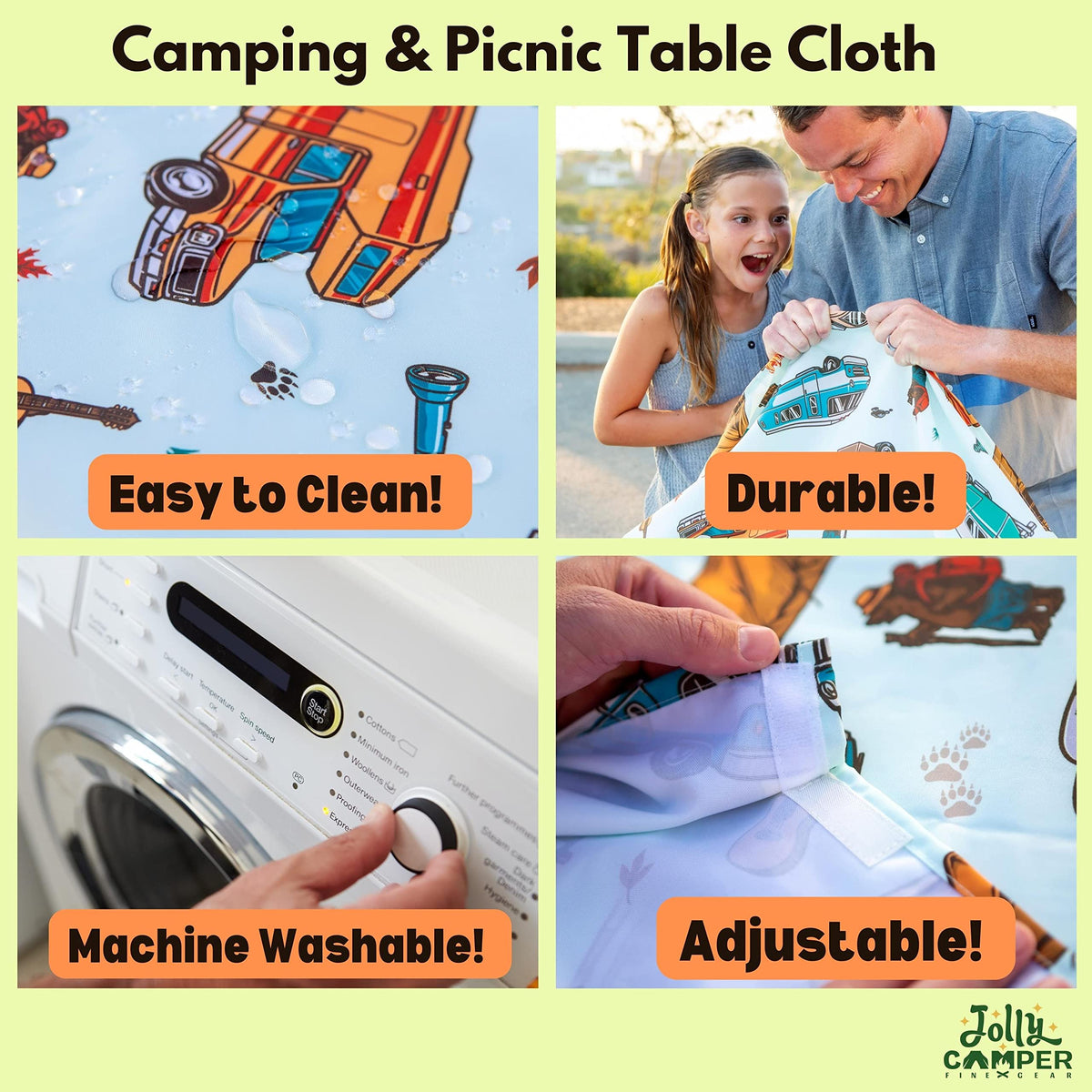 Jolly Camper rip-proof polyester material for lasting outdoor use.