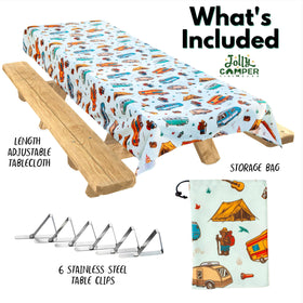 Jolly Camper tablecloth measures 105 by 50 inches for versatile setups.