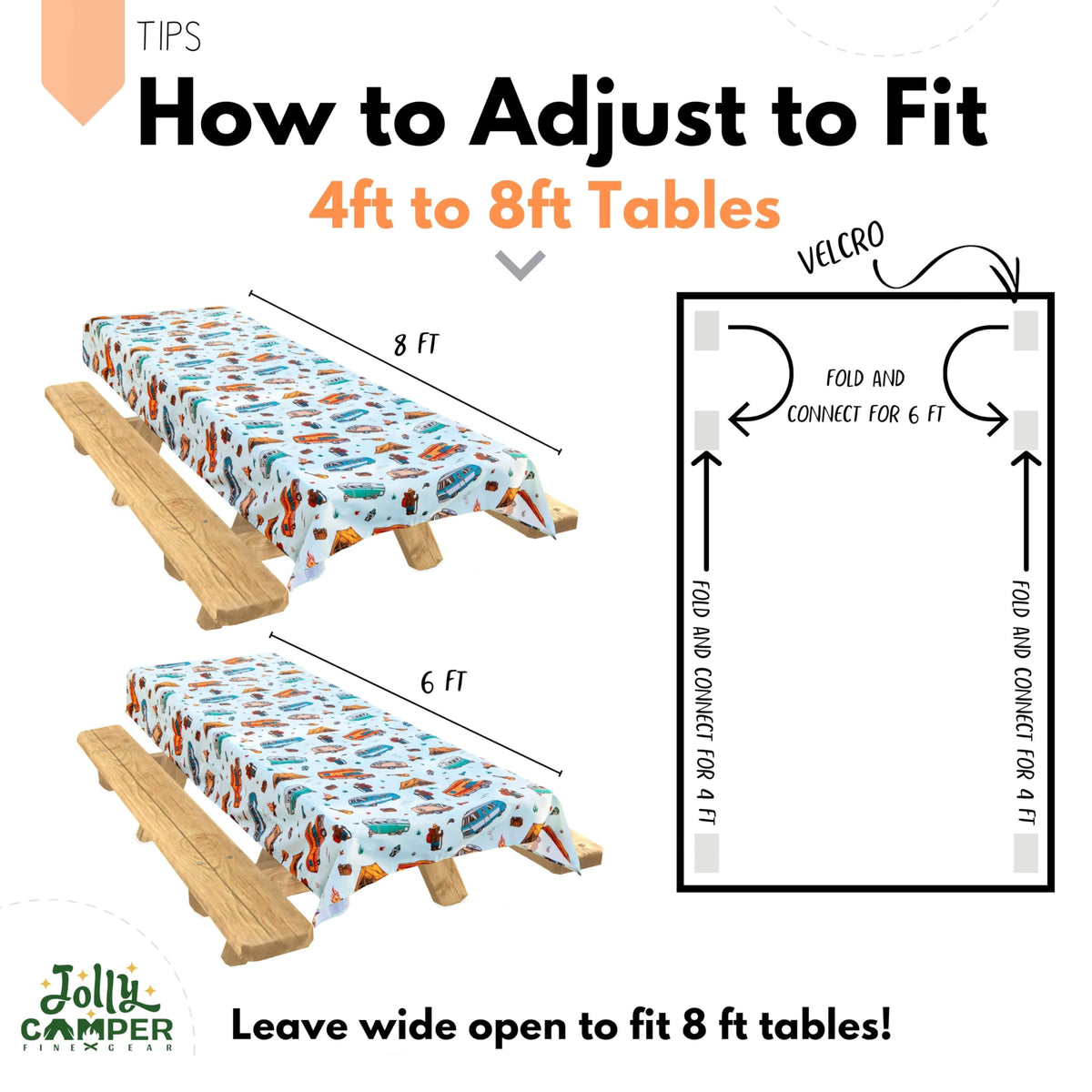 Jolly Camper tablecloth secured with back Velcro fasteners for 4–8 ft tables.