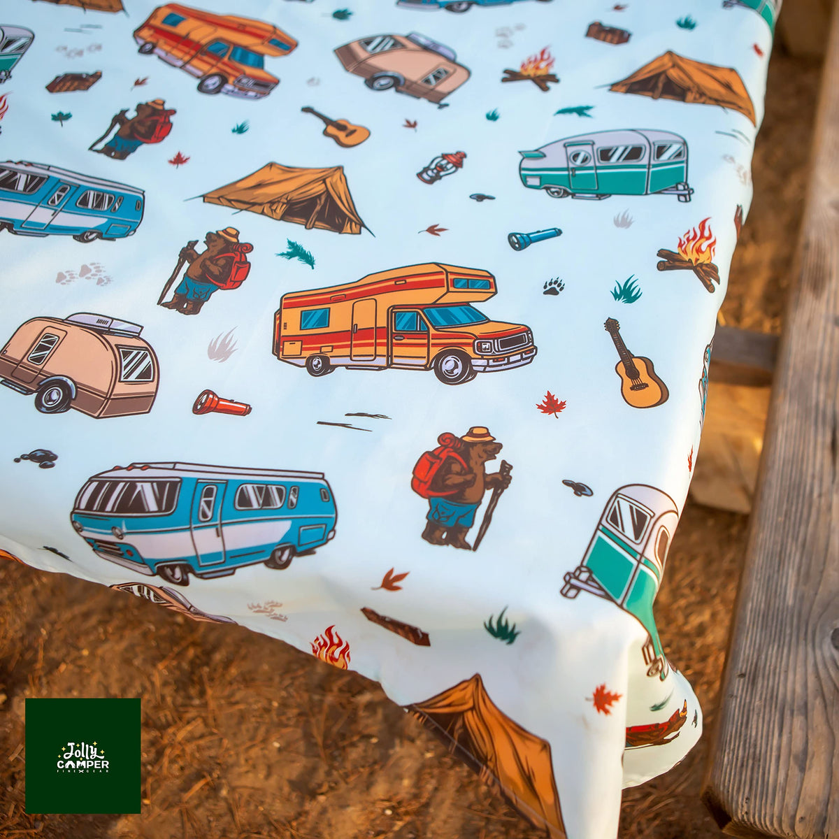 Jolly Camper tablecloth with water-repellent finish protects surfaces.
