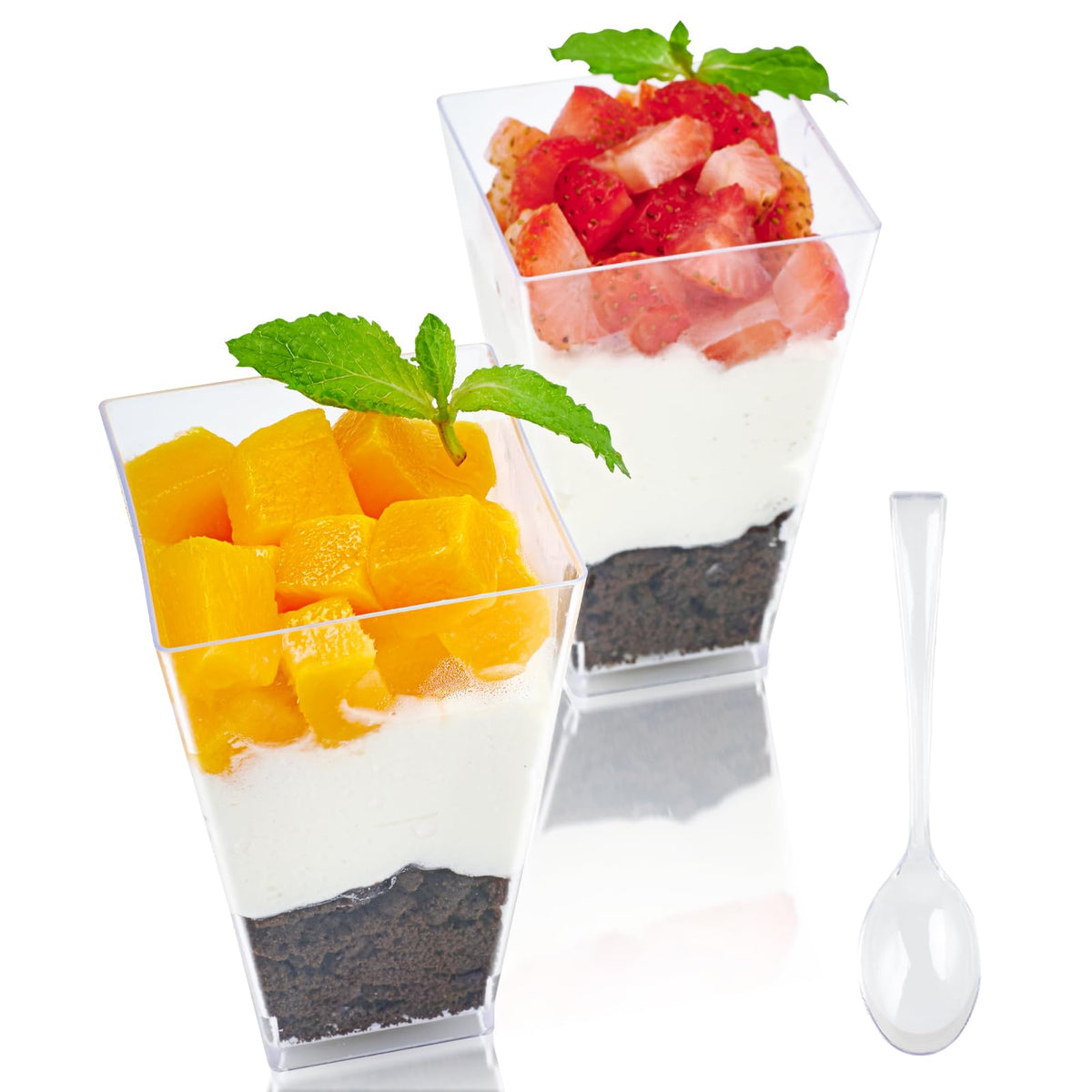 JOLLY CHEF 3 oz square dessert cups showcase bite-sized treats with a clear, modern design.