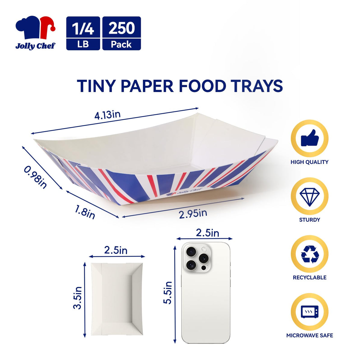 JOLLY CHEF mini disposable tray close-up, grease-resistant interior helps keep portions neat.