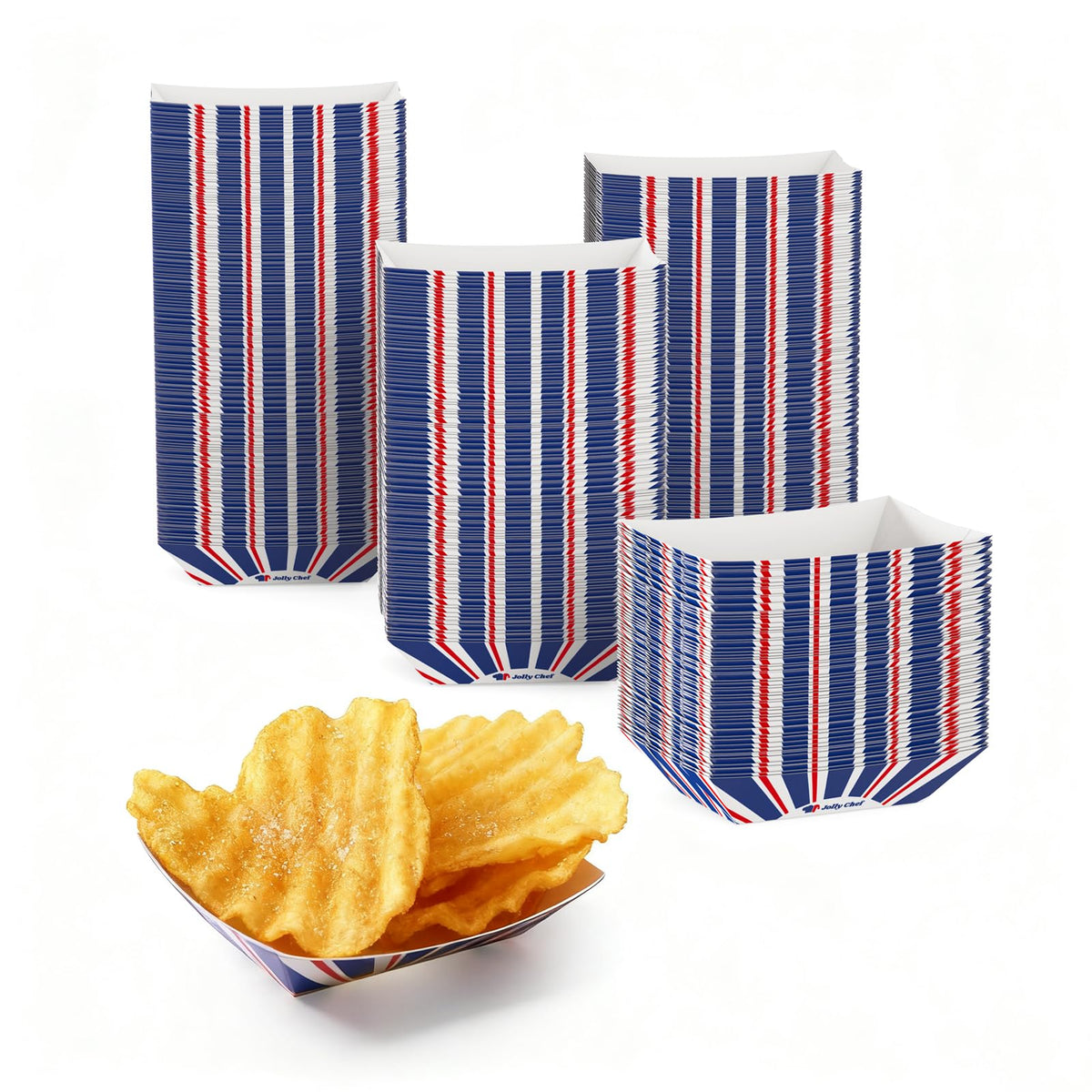 JOLLY CHEF 250-pack paper trays top view, ideal for party servings and quick cleanup.