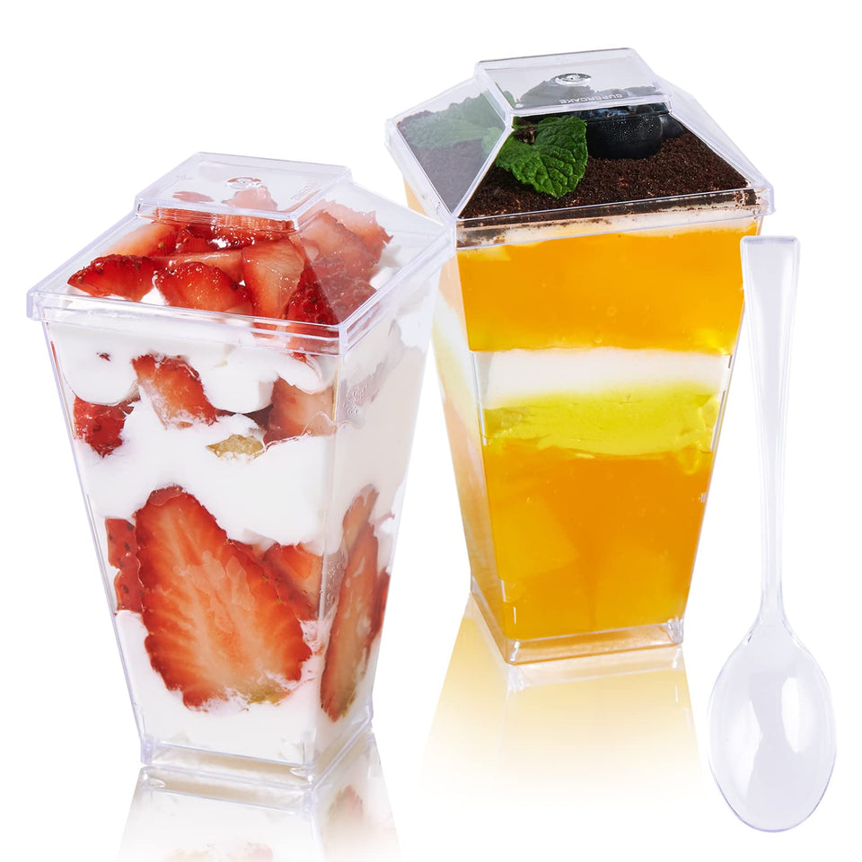 JOLLY CHEF 3oz square dessert cups with lids and spoons for party-ready portions