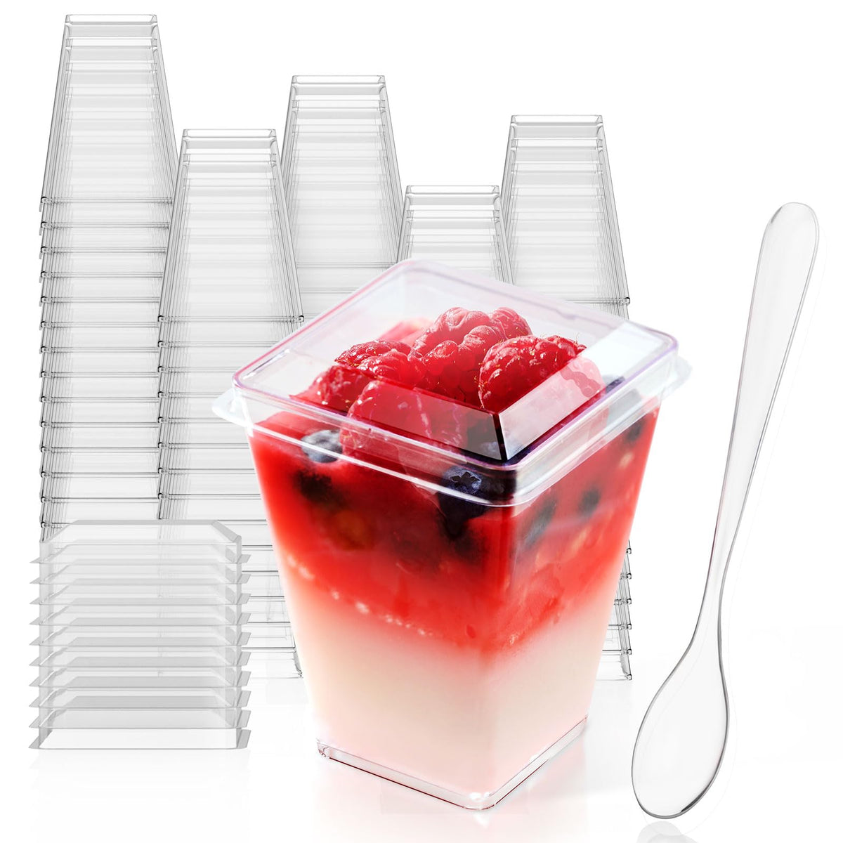 JOLLY CHEF 5oz square dessert cups with lids for elegant party servings.