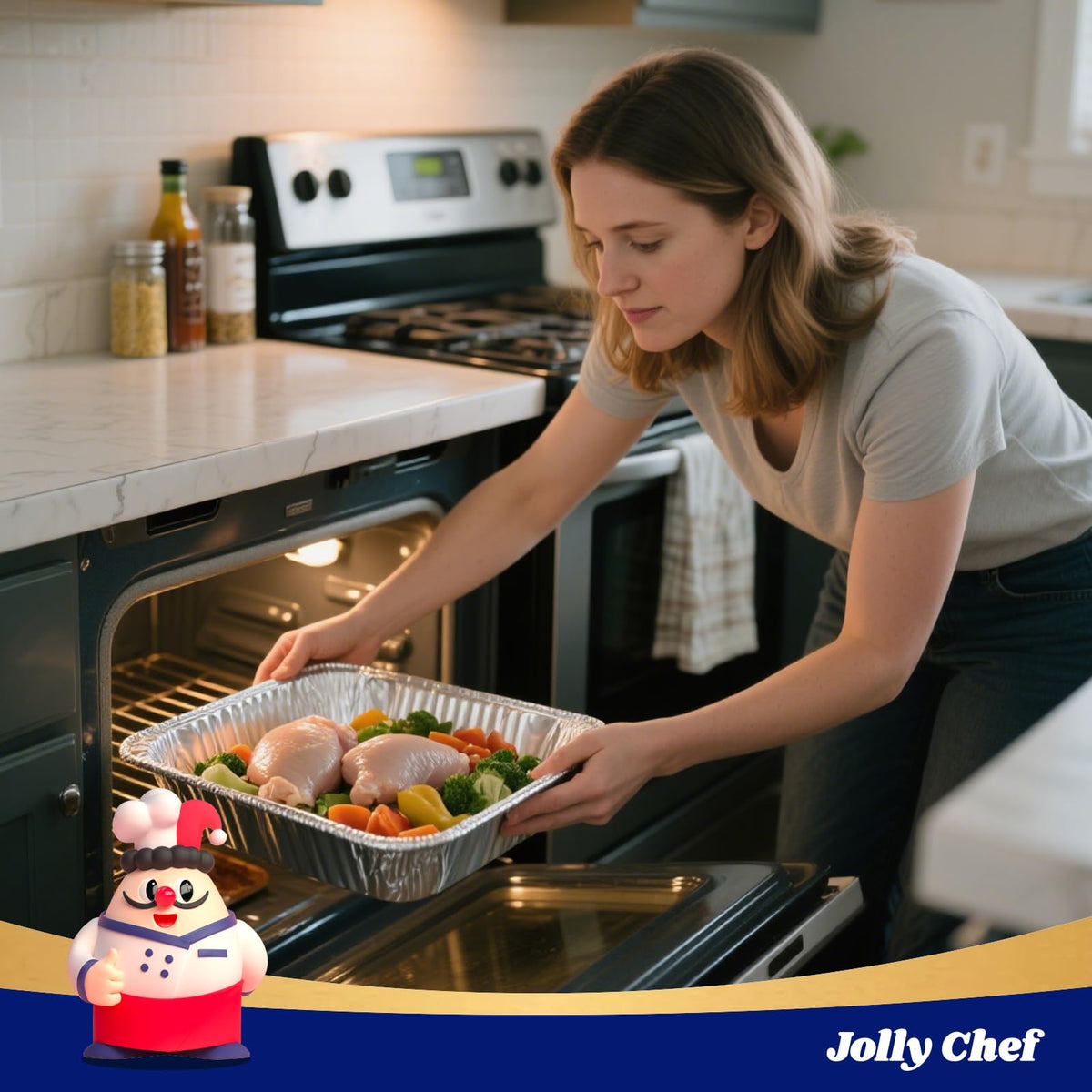 JOLLY CHEF 9x13 pan with leakproof edge highlights mess-free cooking.