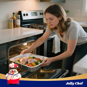JOLLY CHEF 9x13 pan with leakproof edge highlights mess-free cooking.