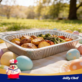 JOLLY CHEF 9x13 pan with food demonstrates easy serving and cleanup.