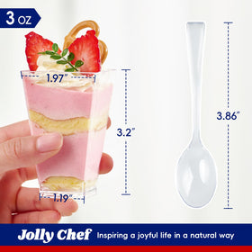 JOLLY CHEF clear spoons accompany the cups for easy tasting and service.