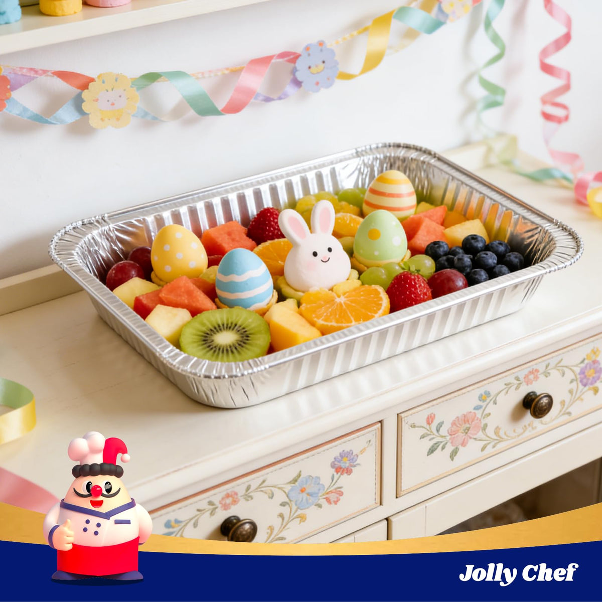 Leakproof, heavy-duty foil pan by JOLLY CHEF for sauces and gravies.