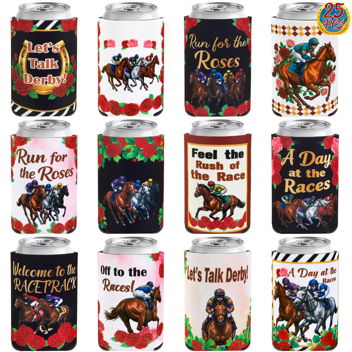 Jollylife Derby can cooler sleeves in a 25-pack for festive gatherings.