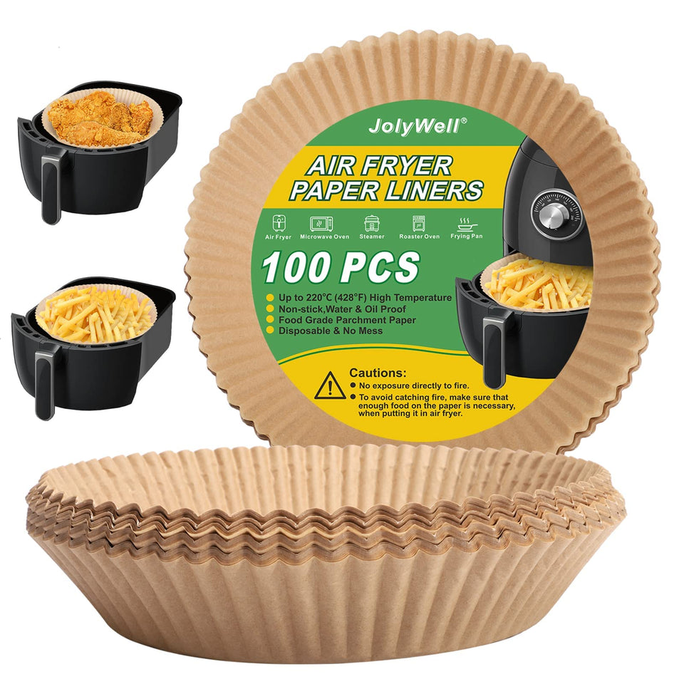 JolyWell air fryer liner in unbleached wood pulp, prevents sticking during frying.