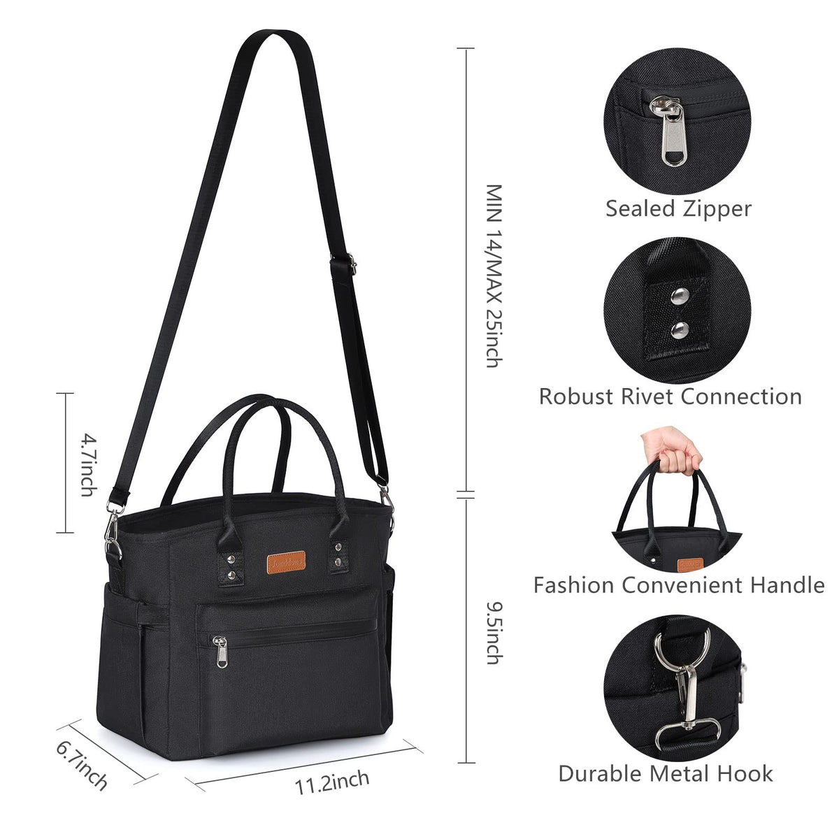 Jomddems insulated lunch bag detachable strap enables versatile carrying options.