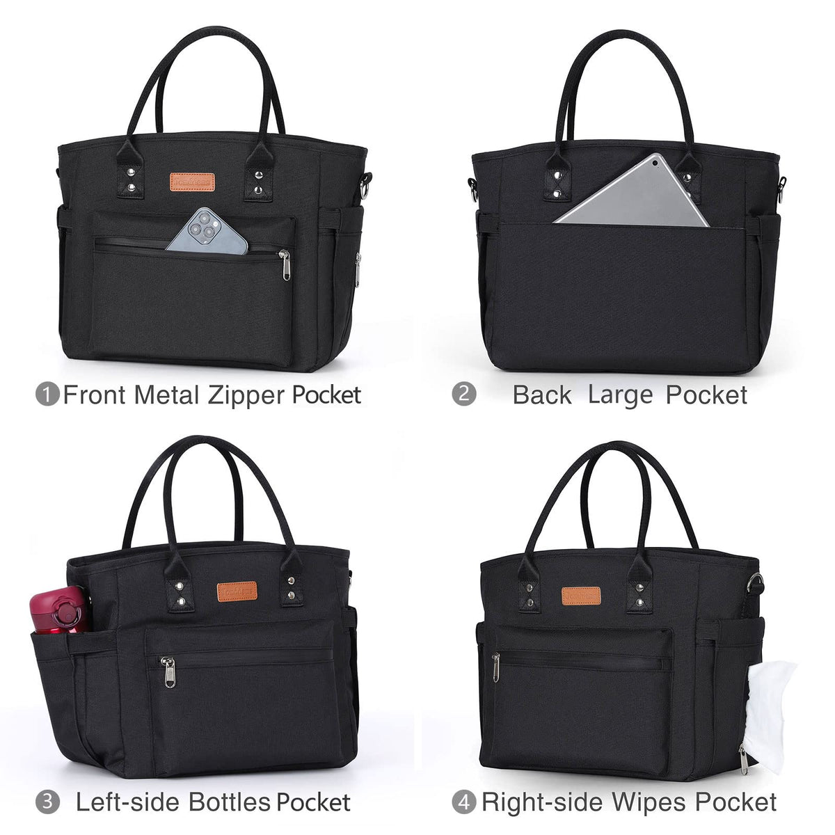 Jomddems insulated lunch bag side pocket holds a bottle for easy hydration.