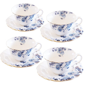 Jomop ceramic teacups and saucers in blue and white for elegant tea time