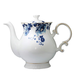 Jomop teapot front view in blue-and-white porcelain, ideal for elegant tea moments.