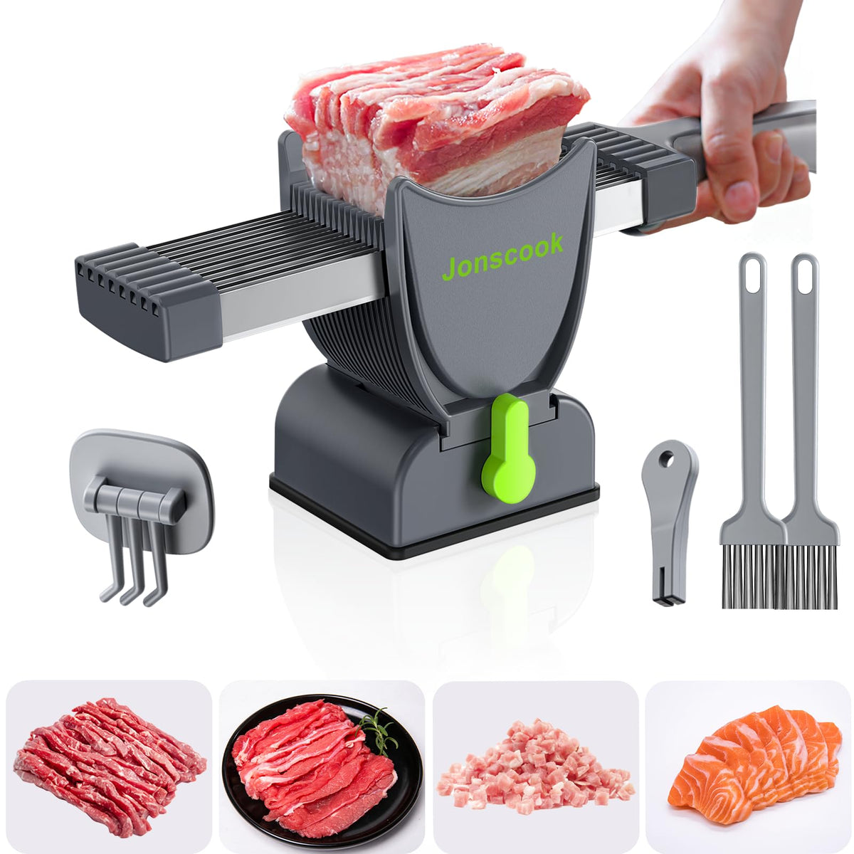 Jonscook Fresh Meat Slicer on a countertop enables quick, even servings.