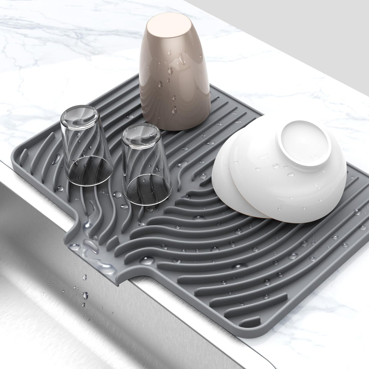 JOOKKI silicone dish drying mat by sink with built-in drain spout for easy water guidance