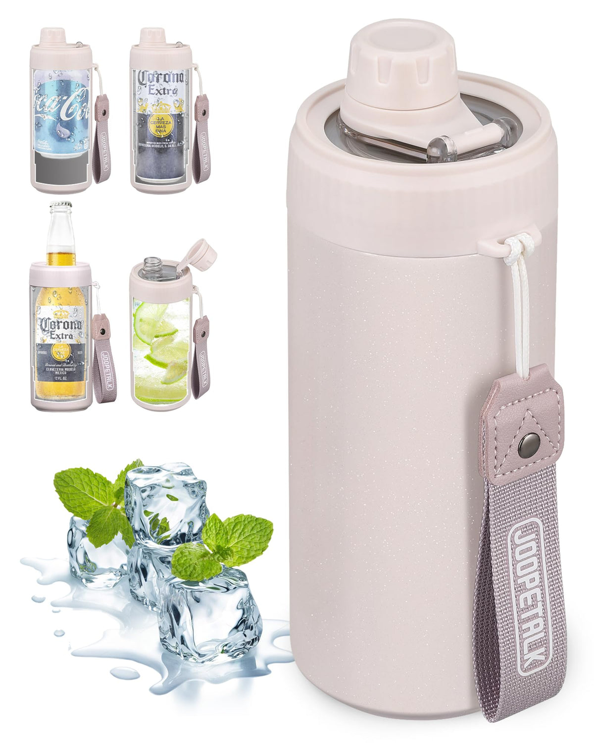 JOOPETALK universal can cooler lid in pearlescent pink with spill-safe design for on-the-go use