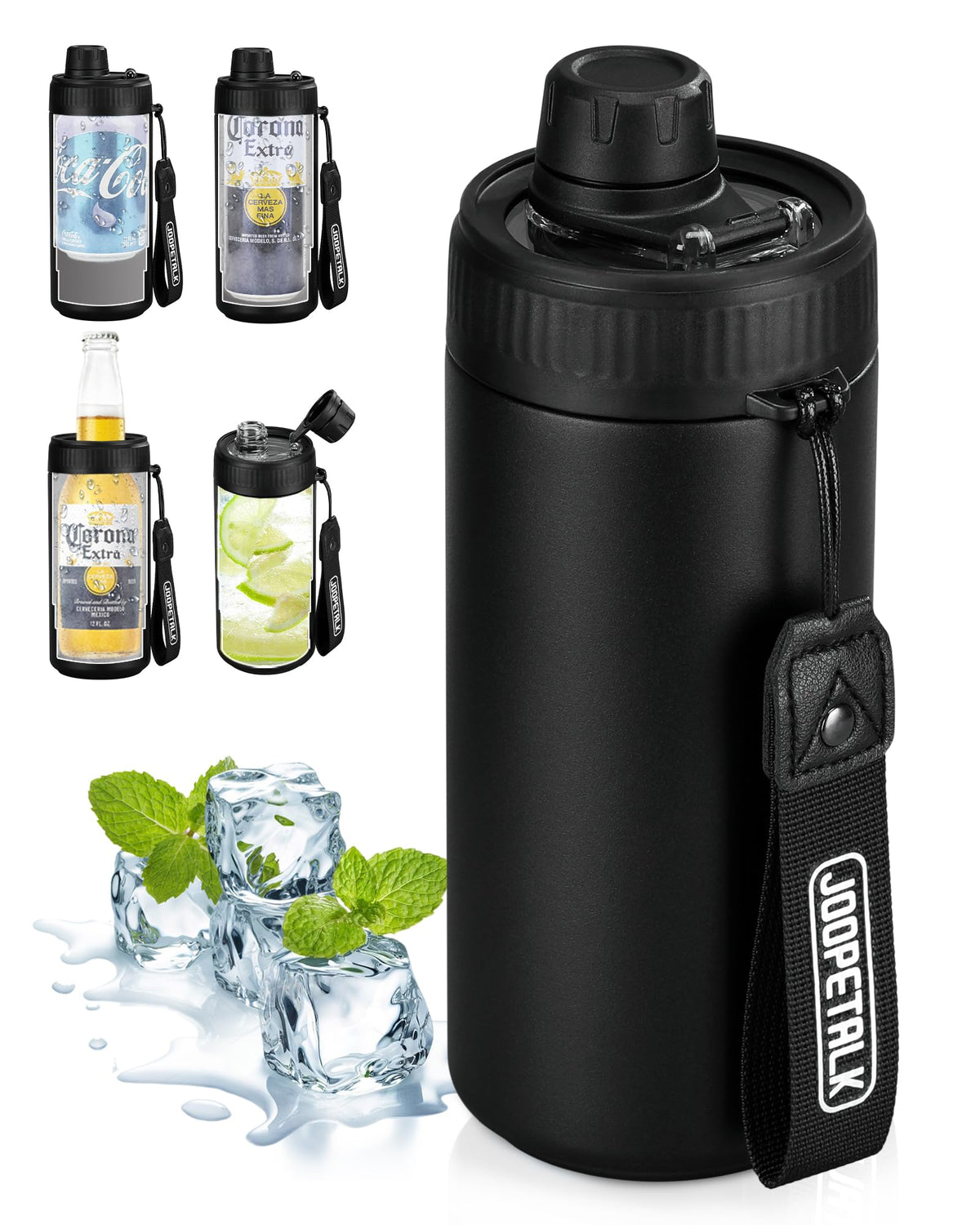 JOOPETALK universal can cooler with lid showing versatile design for cans and bottles, ideal for on-the-go drinking