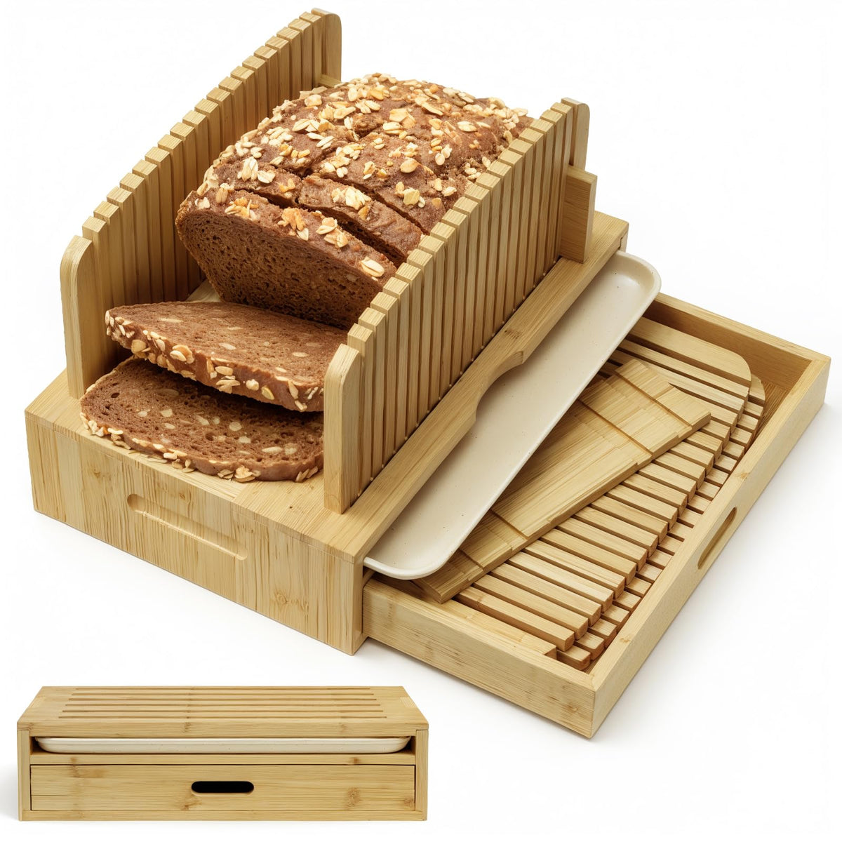 Joothlin bamboo bread slicer with compact design keeps counters tidy.