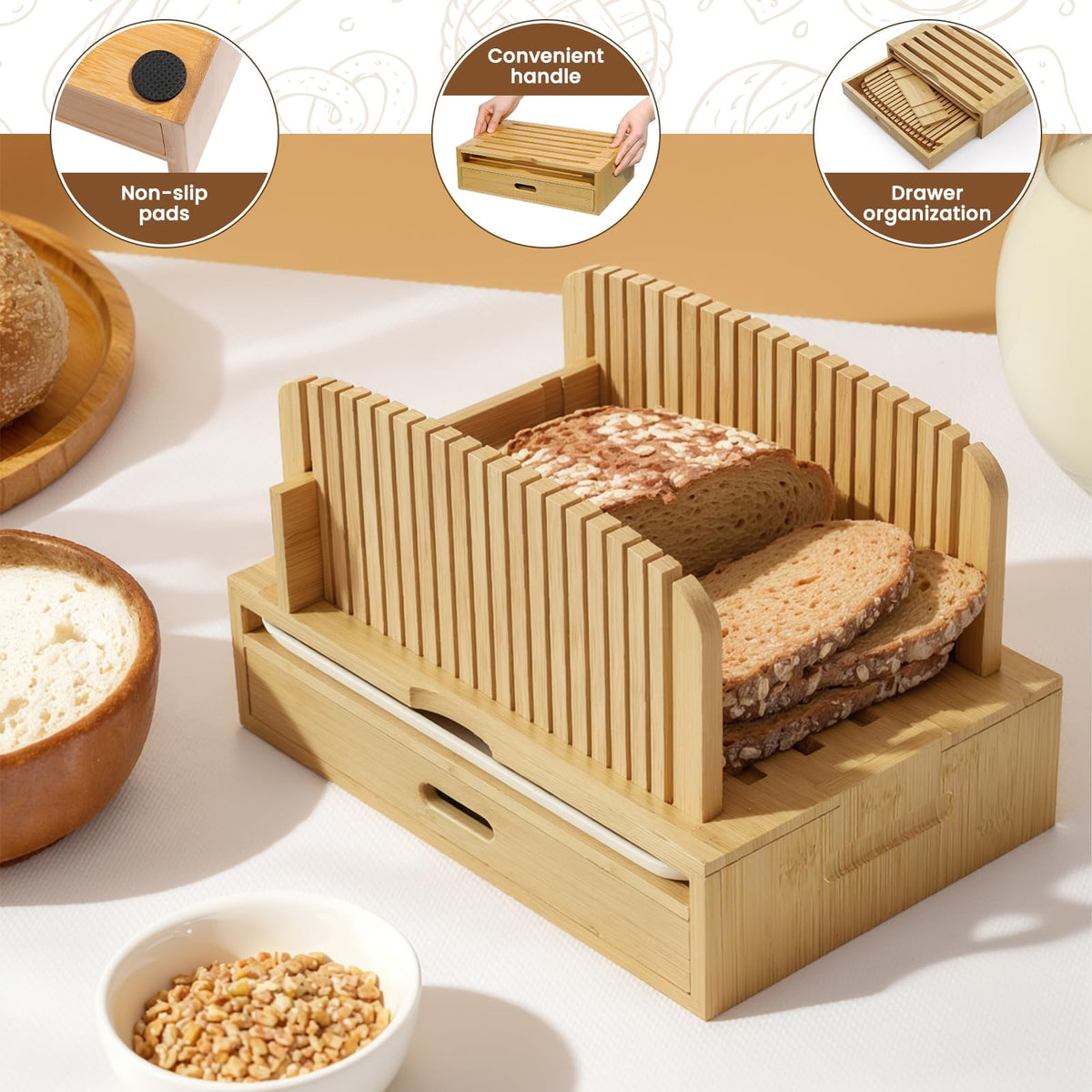 Joothlin slicer with crumb tray catches crumbs for quick cleanup.