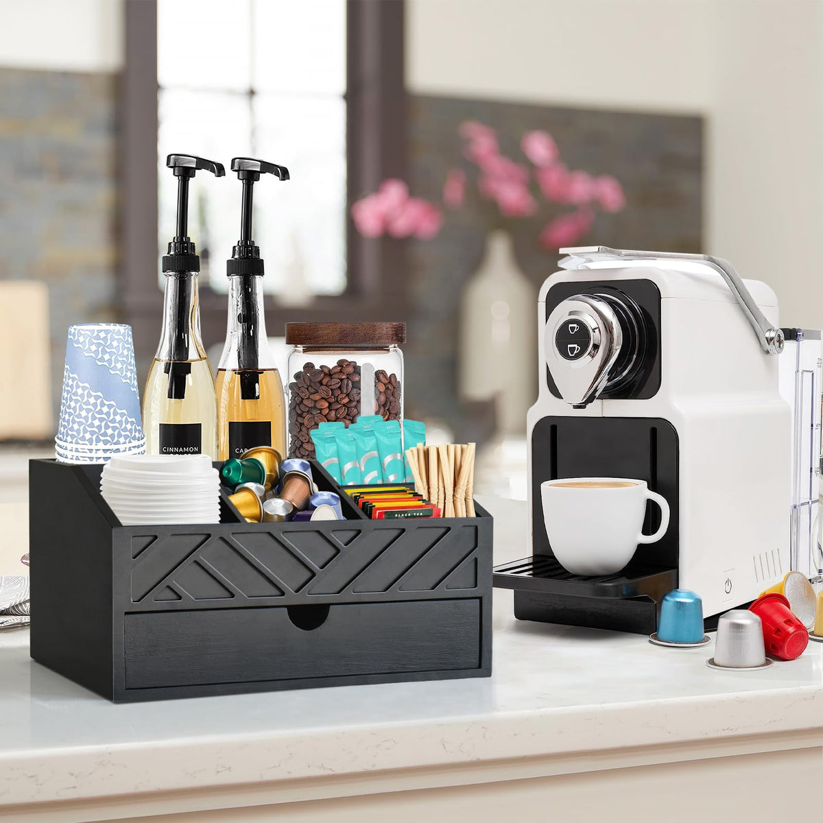 Jorkol coffee accessories organizer wood blends function with rustic charm.