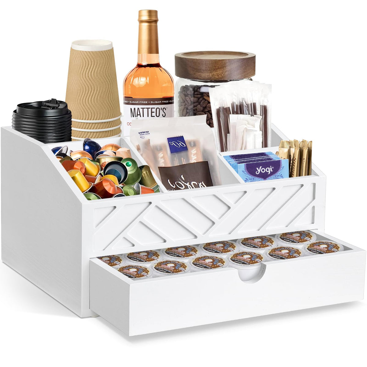 Jorkol coffee bar organizer with drawer in white keeps cups and accessories neatly within reach.